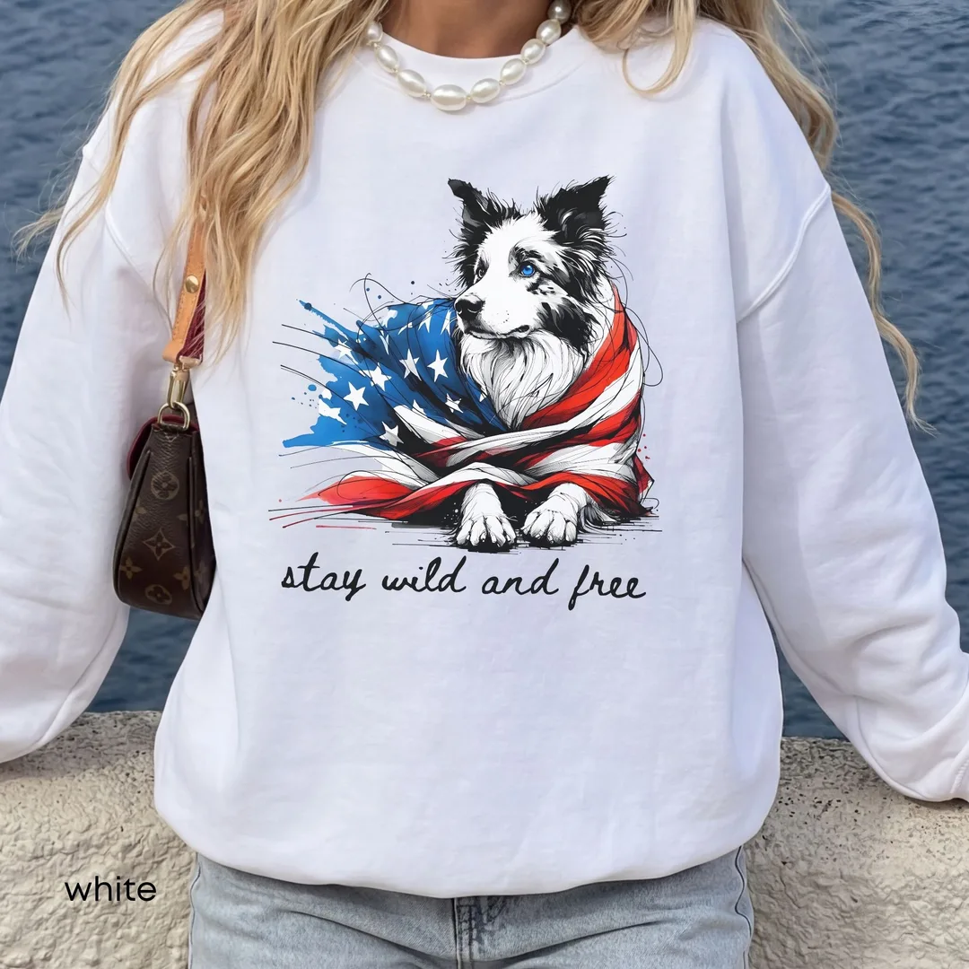 Border Collie wrapped in USA flag on a crewneck sweatshirt with the saying 